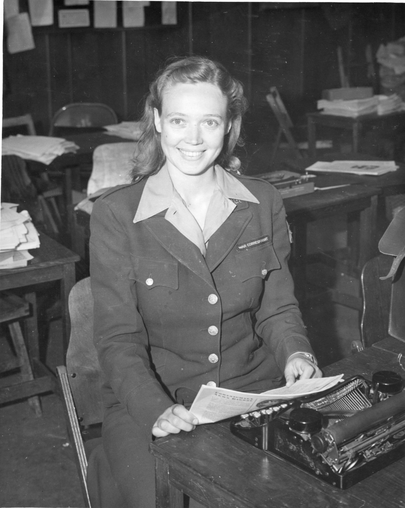 War correspondent Marguerite Higgins at the Palace of Justice in Nuremberg